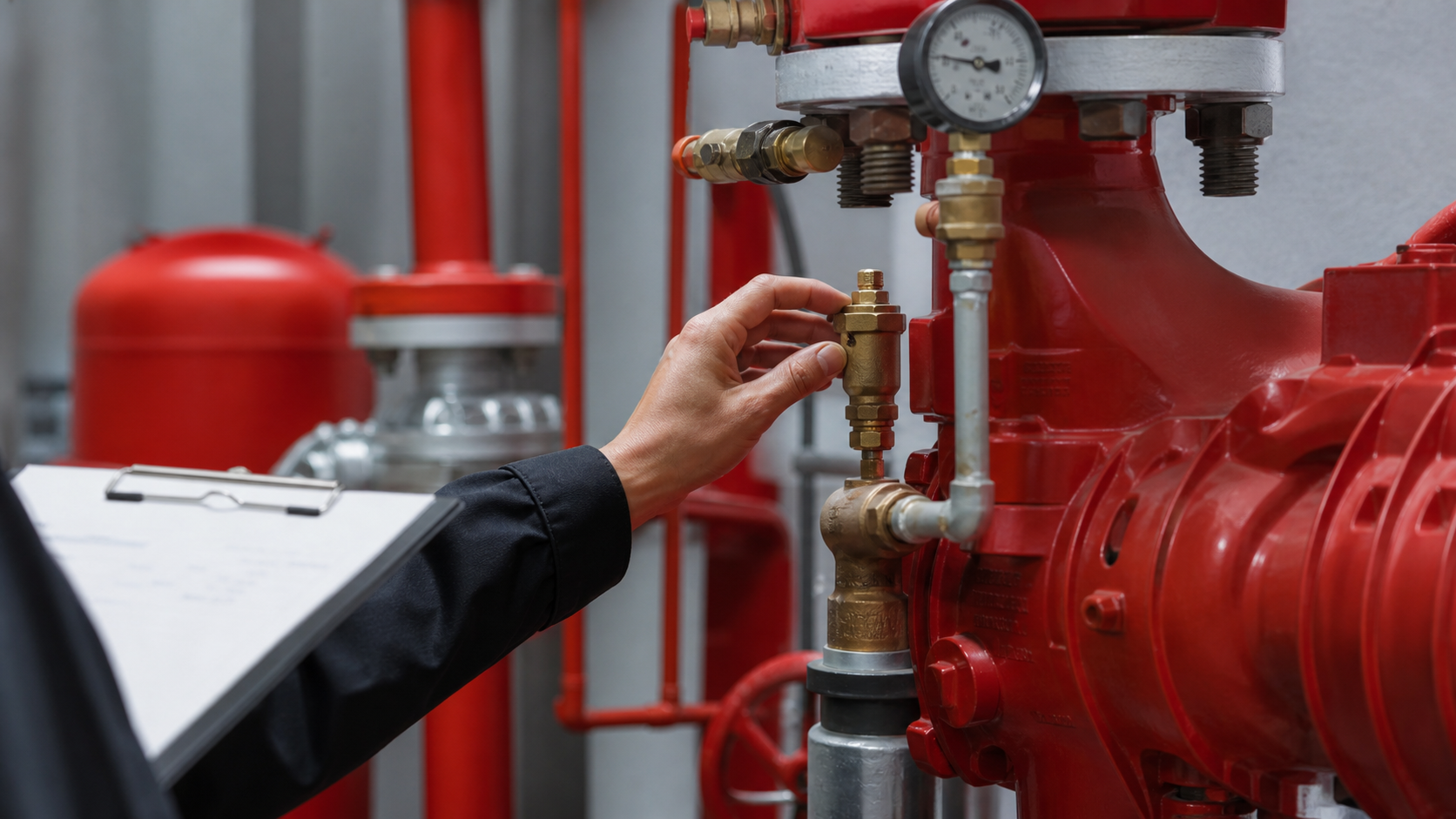 Closeup Hand Inspecting Fire Sprinkler Pump