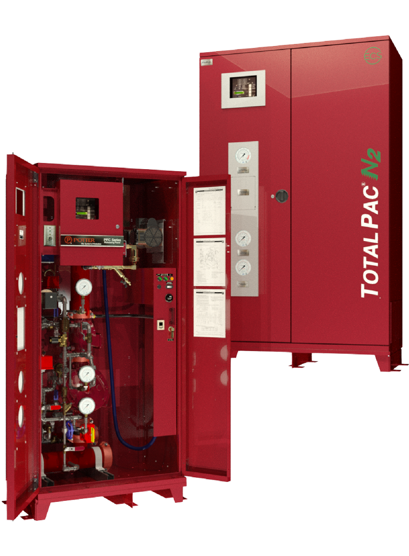 TOTALPAC N2 fire protection system: Interior and exterior views, cabinet opened and closed